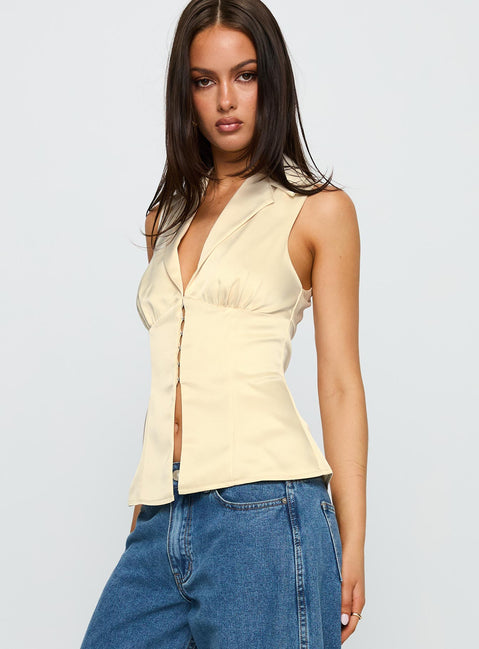 side view of model wearing Princess Polly My Truth Satin Top Cream Sleeveless Plunger 