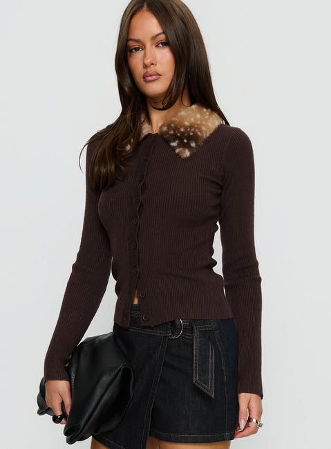 front view of model wearing Princess Polly Chiqueeta Faux Fur Trim Knit Cardigan Brown 