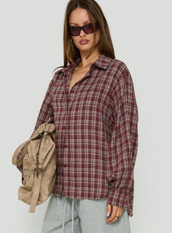 Caydence Long Sleeve Button Down Flannel Top Burgundy Check