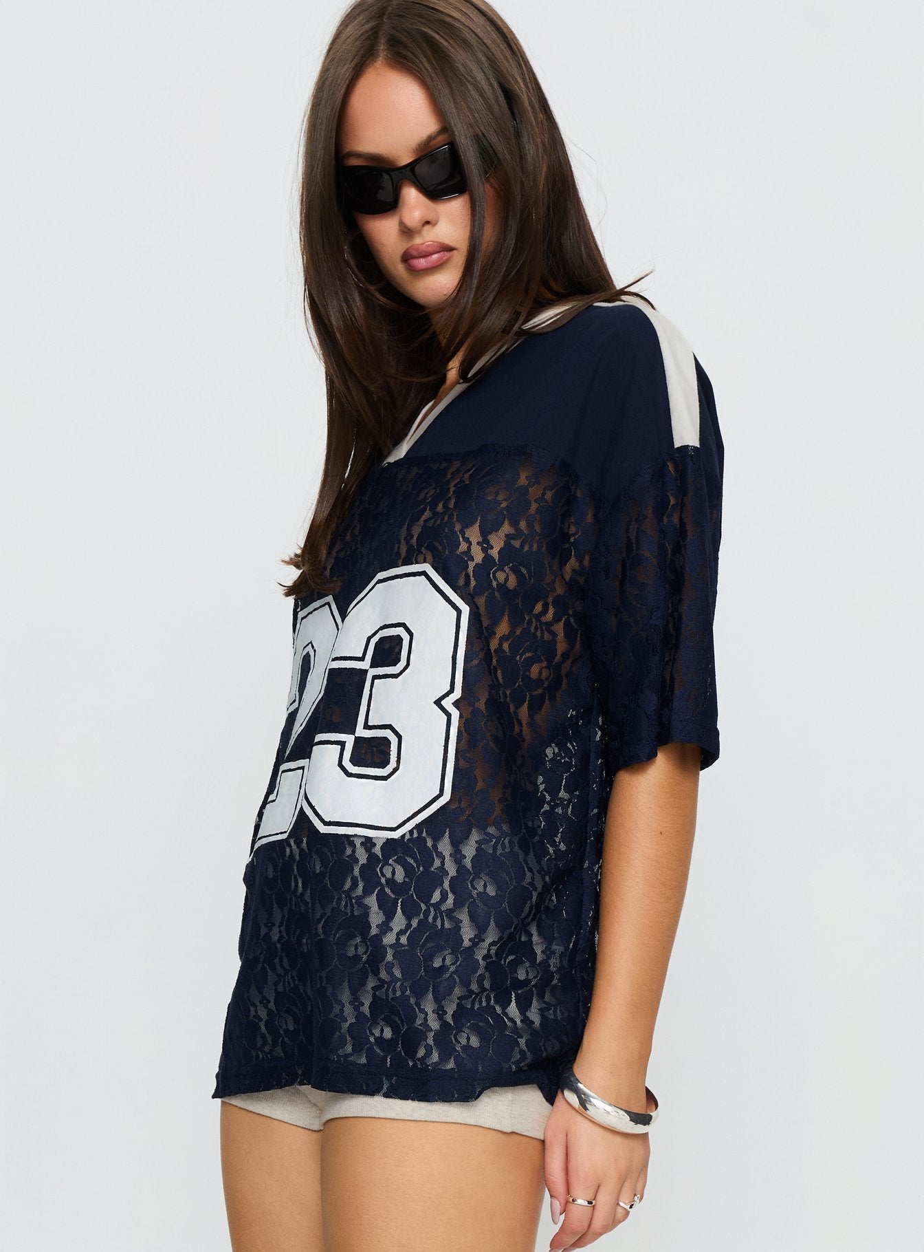 Lucky 23 Lace Jersey Graphic Top Navy