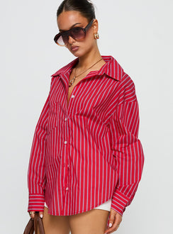 side view of model wearing Princess Polly Kodhi Oversized Long Sleeve Top Red Stripe Full Sleeves V-Neck 