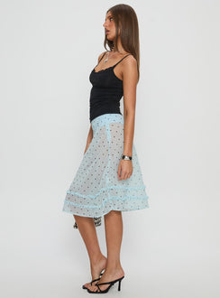   side view of model wearing Princess Polly Lyza Sheer Midi Skirt Blue Polka Midi Skirts 