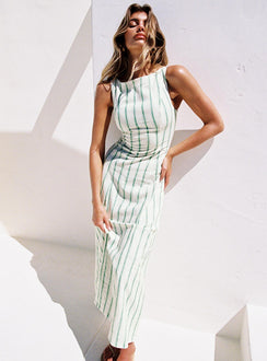 front view of model wearing Princess Polly Lewisa Maxi Dress Green Stripe Tall High Neck 
