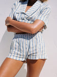 back view of model wearing Princess Polly Goody Linen Button Front Top Blue Stripe Short Sleeves V-Neck 