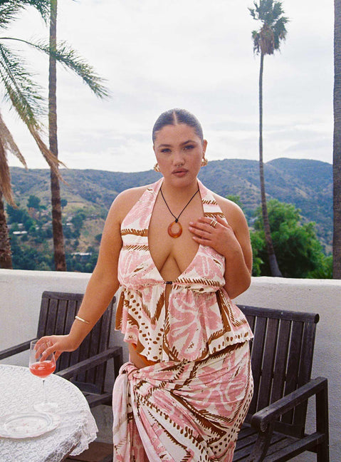 front view of model wearing Princess Polly Alessio Halter Top Multi Curve Sleeveless Plunger 