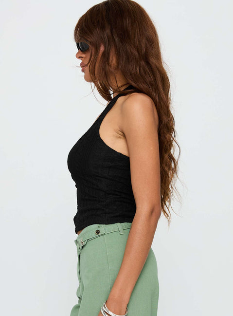 side view of model wearing Princess Polly Just Talk Button Up Top Black Sleeveless Scoop Neck 