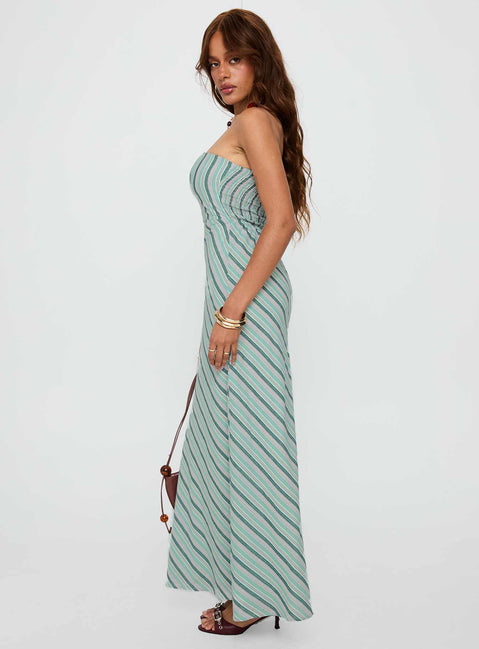 side view of model wearing Princess Polly Finchie Strapless Maxi Dress Blue Stripe Straight Neck 