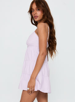 side view of model wearing Princess Polly Tylie Tiered Mini Dress Lilac Sweetheart Neckline 