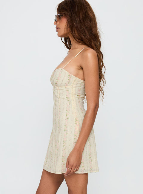 side view of model wearing Princess Polly Peppie Mini Dress Multi Floral Sweetheart Neckline 