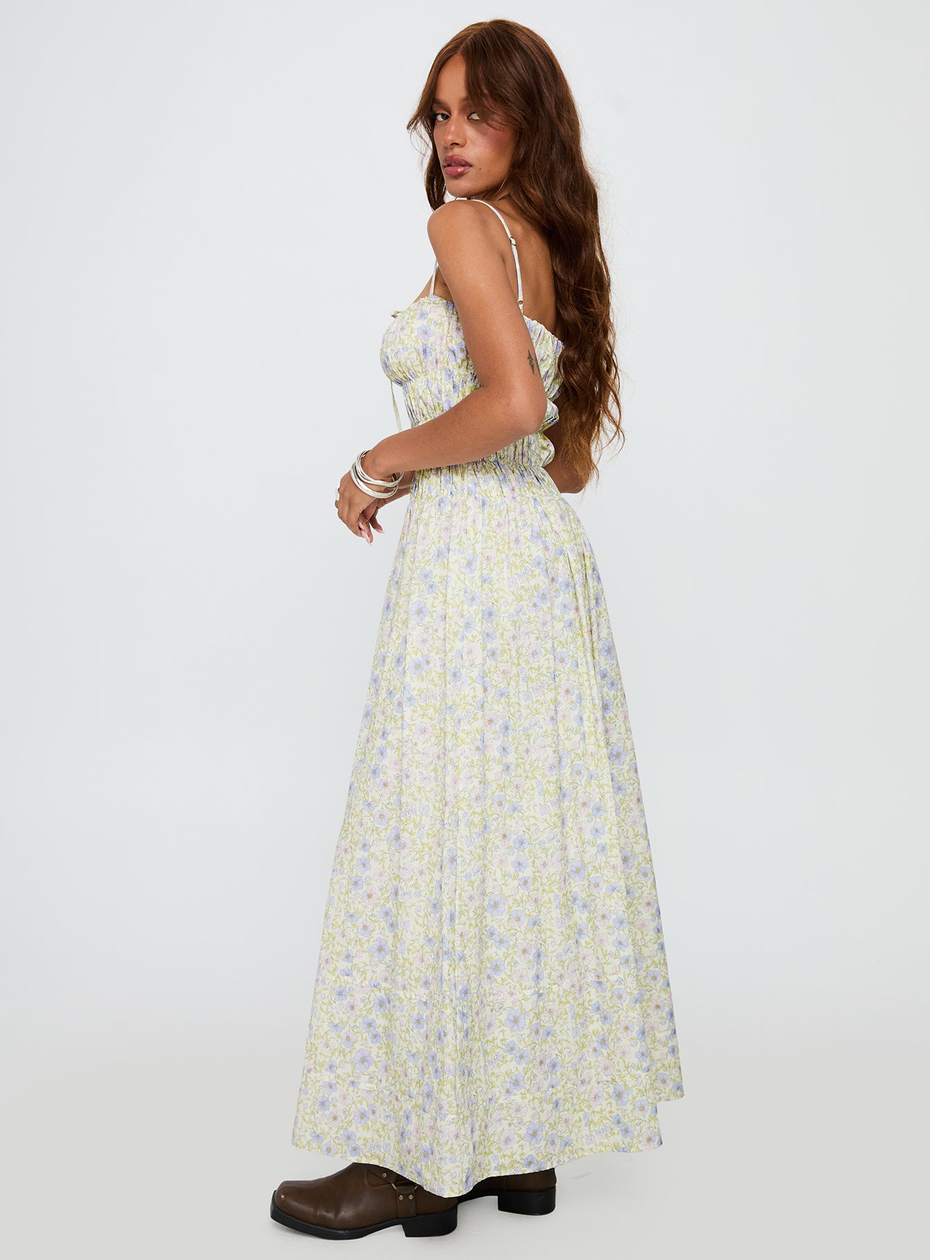 side view of model wearing Princess Polly Loralei Shirred Maxi Dress Floral Square Neck 
