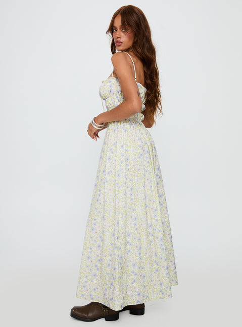 side view of model wearing Princess Polly Loralei Shirred Maxi Dress Floral Square Neck 