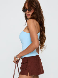 side view of model wearing Princess Polly Impulse Ruched One Shoulder Top Blue Sleeveless Asymmetric Neckline 