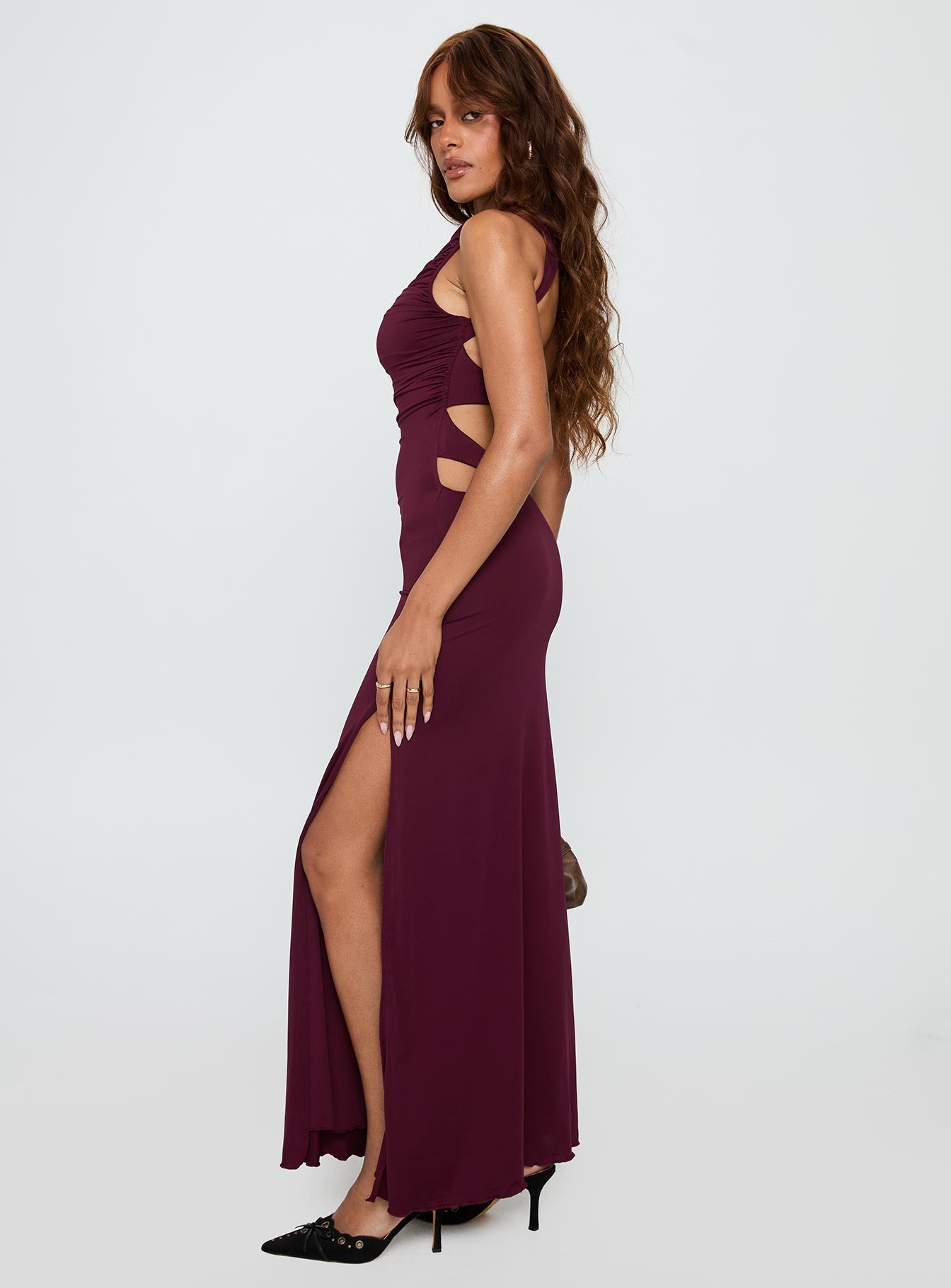 side view of model wearing Princess Polly Undeniable Cut Out Maxi Dress Plum Crew Neck 