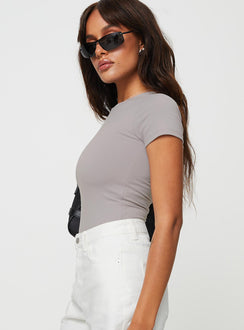 side view of model wearing Princess Polly Attice Bodysuit Soot Short Sleeves 