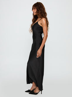 side view of model wearing Princess Polly Mind Reader Maxi Dress Black Scoop Neck 