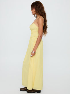 side view of model wearing Princess Polly Magnolie Shirred Maxi Dress Yellow Stripe Square Neck 