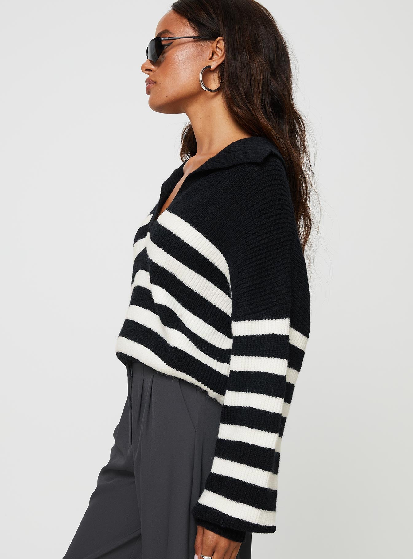 side view of model wearing Princess Polly Williamson Stripe Sweater Black / Cream 