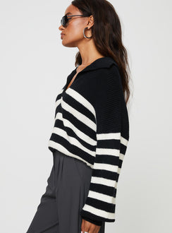 side view of model wearing Princess Polly Williamson Stripe Sweater Black / Cream 