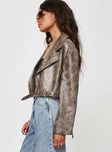 Faux leather cropped jacket Lapel collar, zip front fastening, twin hip pockets, removable buckle belt, belt loops at waist, zip at cuff