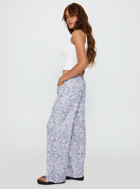 side view of model wearing Princess Polly Vendi Low Rise Pant Lilac Floral Low Rise Pants 