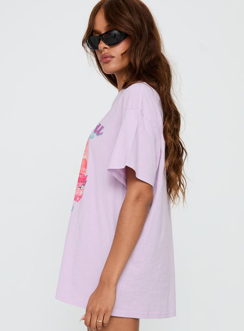side view of model wearing Princess Polly Malibu Sunset Oversized Graphic Tee Purple Half Sleeves Crew Neck 