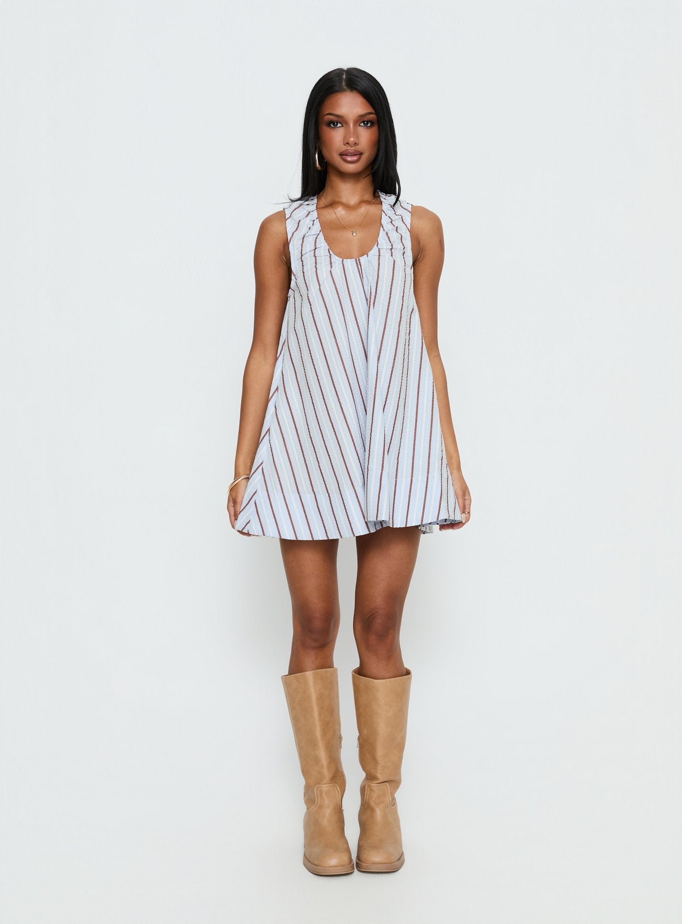 Eberta Ruched Baby Doll Mini Dress Blue Stripe