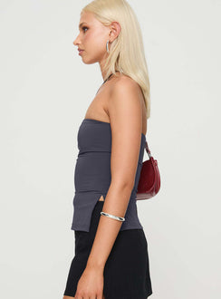side view of model wearing Princess Polly Strutter Strapless Top Slate Sleeveless straight 