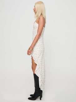 side view of model wearing Princess Polly Roulette Midi Dress Cream Floral Scoop Neck 