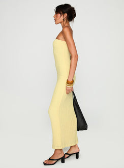 side view of model wearing Princess Polly Saijana Strapless Maxi Dress Lemon Straight Neck 