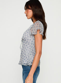 side view of model wearing Princess Polly My Last Love Top Blue Check Short Sleeves Plunger 