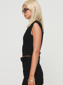 side view of model wearing Princess Polly Ayumi Top Black Short Sleeves Crew Neck 