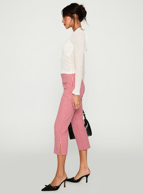 side view of model wearing Princess Polly Mignonette Capri Pant Red Gingham 