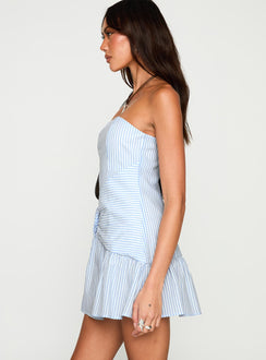 side view of model wearing Princess Polly Archetype Strapless Mini Dress Blue Stripe Straight Neck 