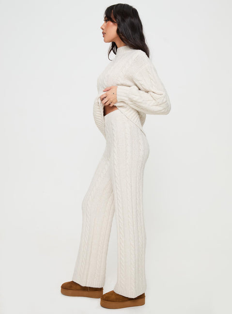 side view of model wearing Princess Polly Sharif Cable Knit Pants Beige High Waisted Pants 