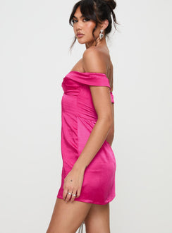 side view of model wearing Princess Polly Rava Off The Shoulder Mini Dress Hot Pink Plunger 