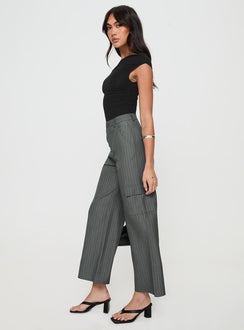 side view of model wearing Princess Polly Katow Cargo Pants Grey Stripe High Waisted Pants 