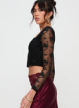 Black Long sleeve lace crop top Square neckline, hook & eye fastening at bust, sheer sleeves