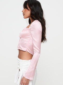 side view of model wearing Princess Polly Lullers Long Sleeve Top Pink Full Sleeves Square Neck 