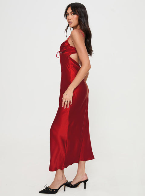 side view of model wearing Princess Polly Monument Maxi Dress Red Sweetheart Neckline 