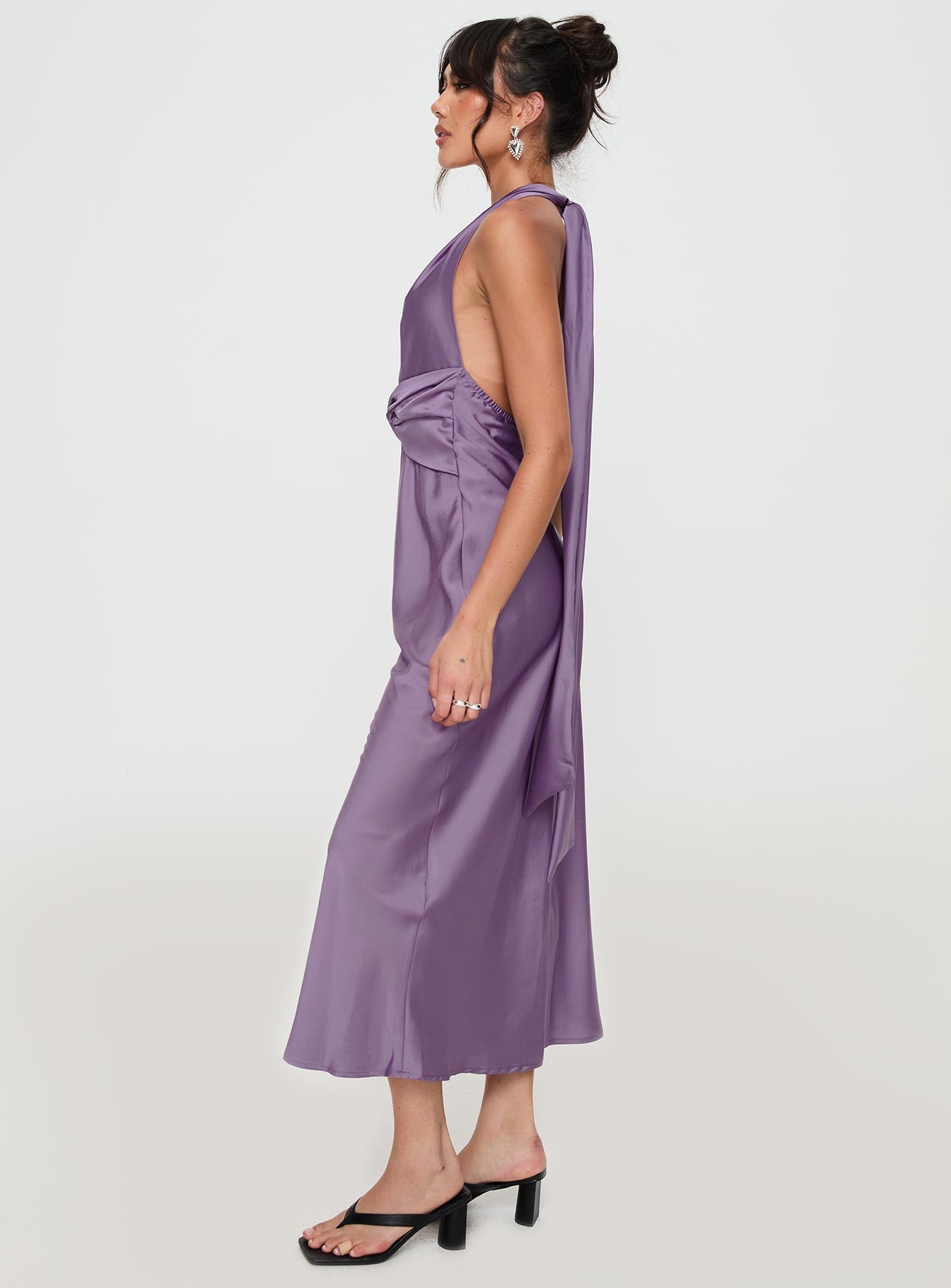side view of model wearing Princess Polly Acesa Maxi Dress Mauve Plunger 