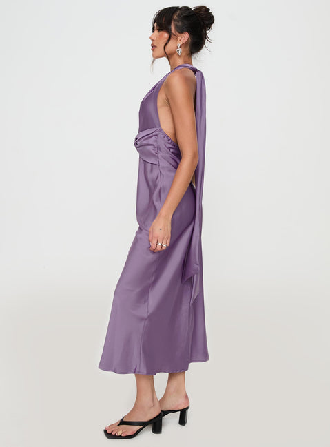 side view of model wearing Princess Polly Acesa Maxi Dress Mauve Plunger 