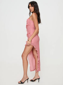 side view of model wearing Princess Polly Elestria Strapless Midi Dress Pink Straight Neck 