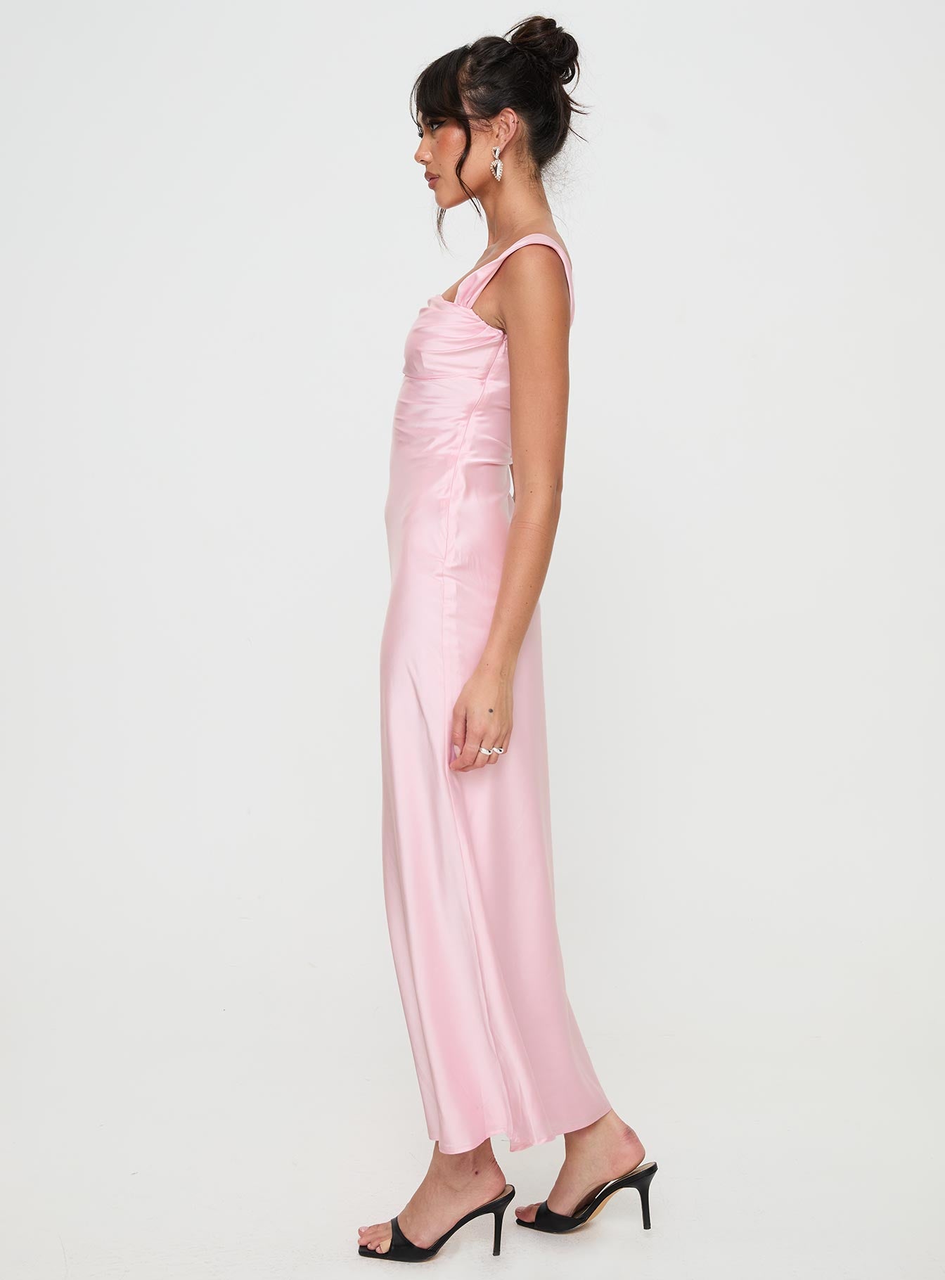 side view of model wearing Princess Polly Azura Off The Shoulder Maxi Dress Pink Square Neck 