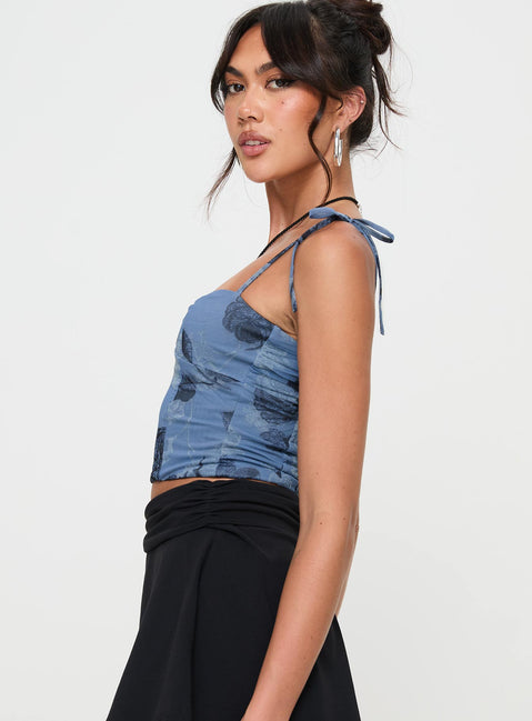 side view of model wearing Princess Polly Over You Top Blue Sleeveless Square Neck 