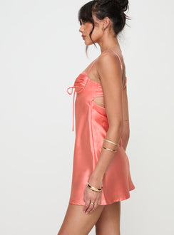 side view of model wearing Princess Polly Monument Mini Dress Pink Sweetheart Neckline 