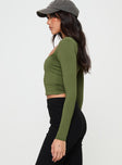 Olive Long sleeve top Slim fitting, low square neckline