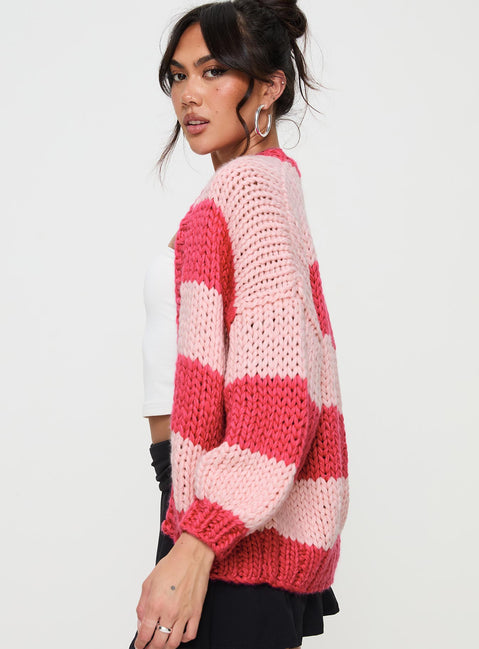 side view of model wearing Princess Polly Lester Knit Cardigan Pink Stripe cropped 