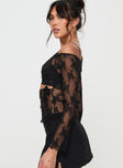 side view of model wearing Princess Polly Velvera Long Sleeve Mesh Top Black Full Sleeves Asymmetric Neckline 