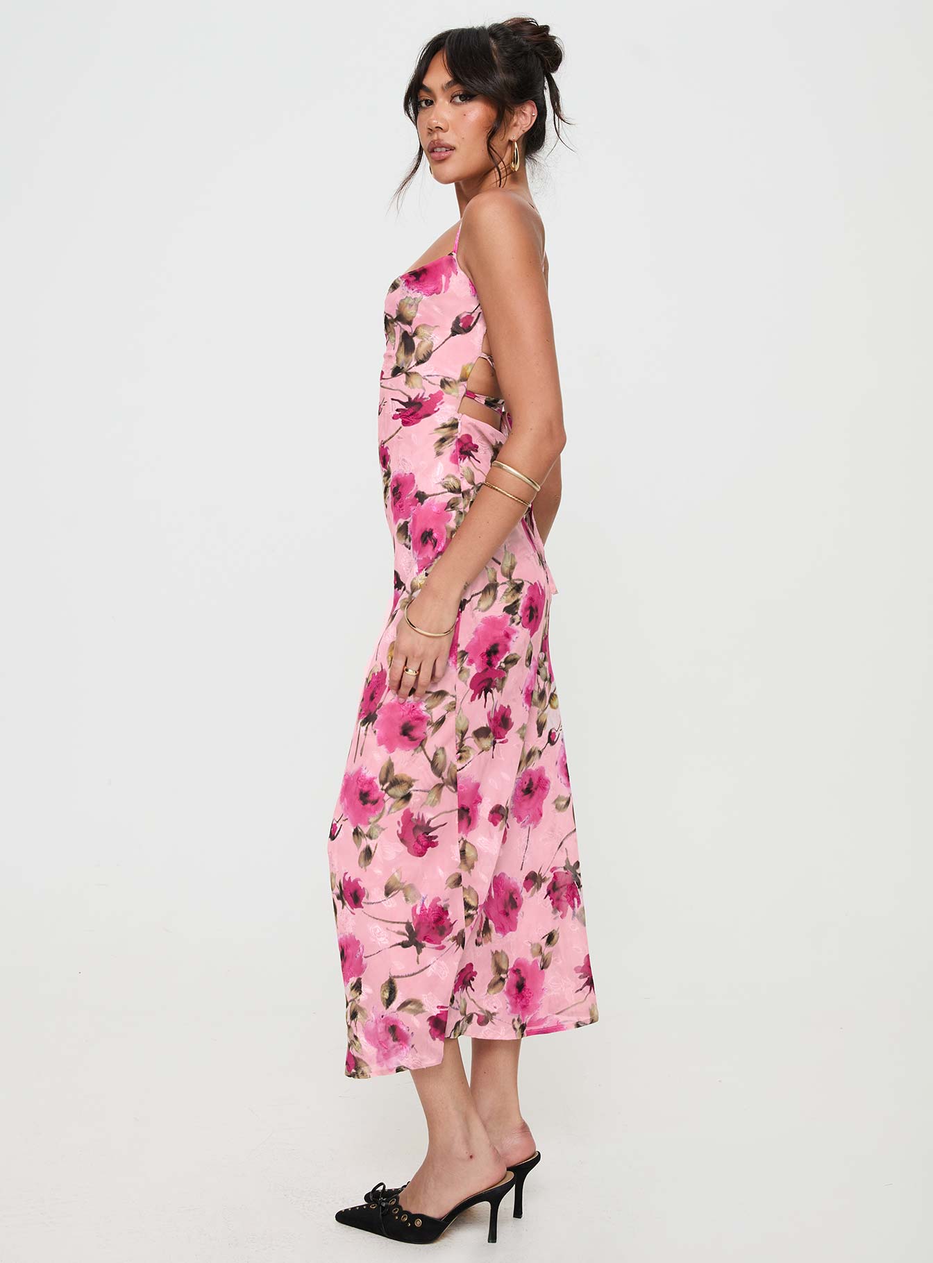 side view of model wearing Princess Polly Ara Maxi Dress Pink Floral Square Neck 
