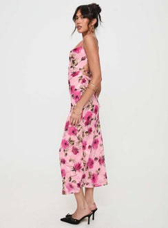side view of model wearing Princess Polly Ara Maxi Dress Pink Floral Square Neck 